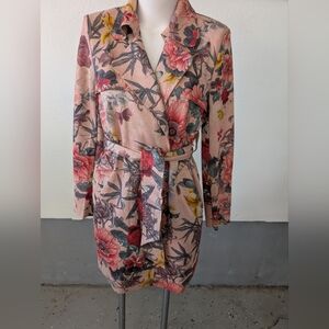 Solitaire Coat Suede Dusty Rose Color Flower Motif Belted Side Pockets M NWT